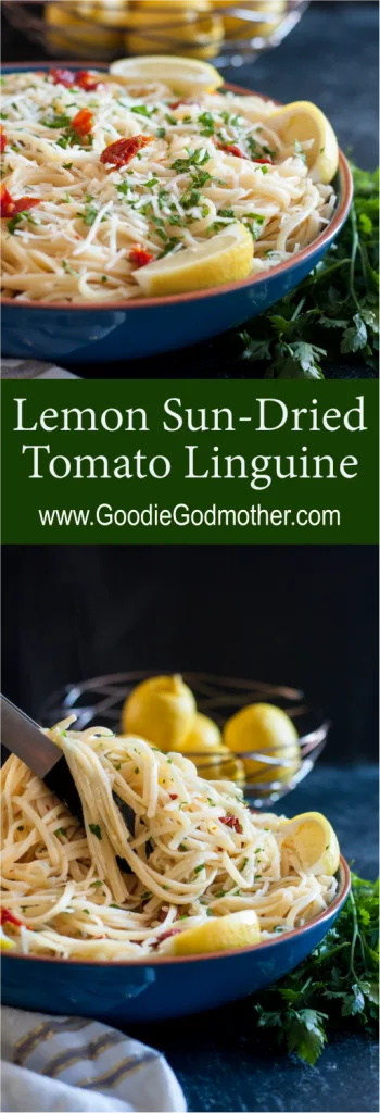 Less finicky than an alfredo, but still creamy and comforting, this lemon sun-dried tomato linguine recipe is a winner! * Recipe on GoodieGodmother.com
