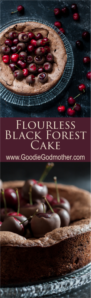 Flourless Black Forest Cake is a gluten free treat inspired by in-season cherries and classic Black Forest Cake.  * Recipe on GoodieGodmother.com