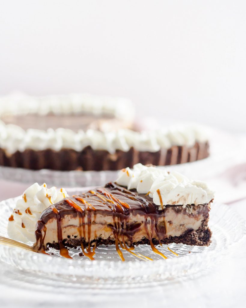 Coffee caramel ice cream pie combines all your favorite coffee shop flavors in one easy no-bake dessert.  * Recipe on GoodieGodmother.com