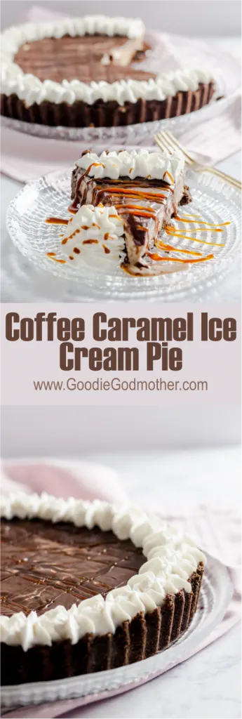 Coffee caramel ice cream pie combines all your favorite coffee shop flavors in one easy no-bake dessert.  * Recipe on GoodieGodmother.com