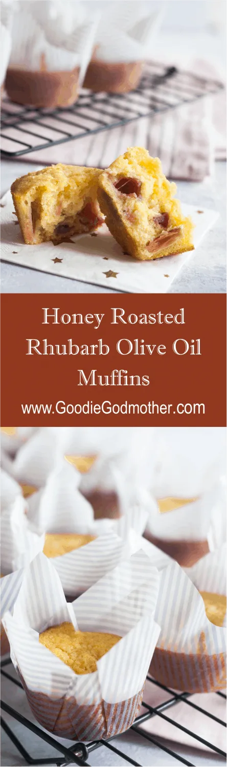 Honey roasted rhubarb olive oil muffins - lightly sweetened olive oil muffins are studded with tart sweet honey roasted bites of rhubarb. * Recipe on GoodieGodmother.com