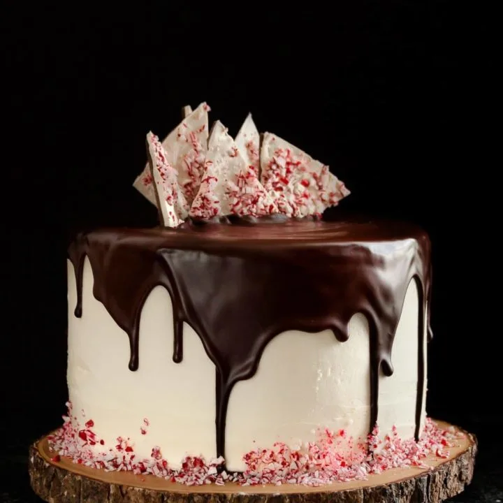 Christmas candy meets Christmas cake in this minty, chocolaty, decadent peppermint bark cake recipe.  * GoodieGodmother.com
