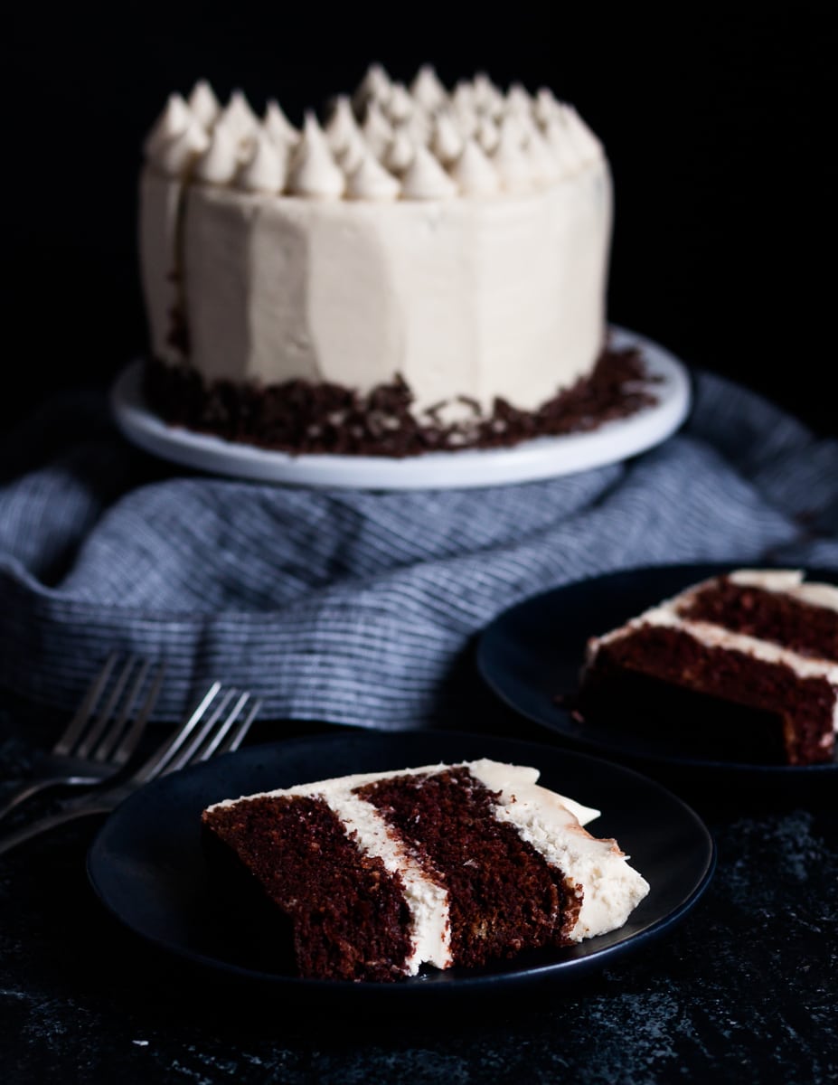 A six inch chocolate cake is the perfect size for smaller groups! Make this delicious chocolate cake recipe and pair it with a light and nutty tahini buttercream frosting. * Recipe on GoodieGodmother.com