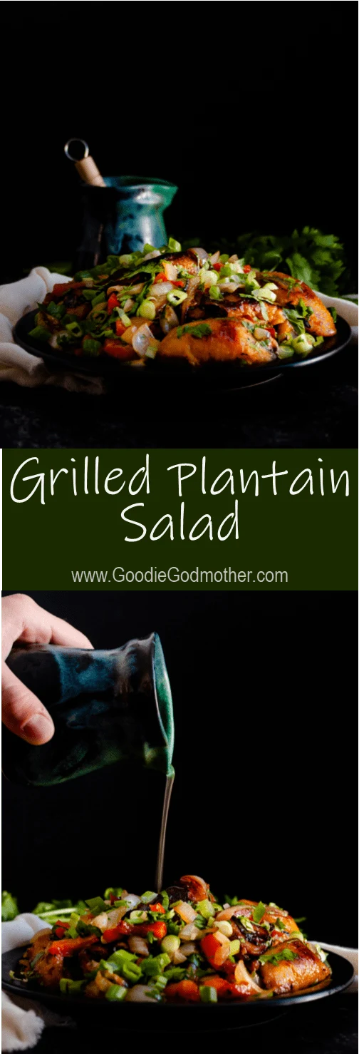 A delicious make-ahead side, this grilled plantain salad can be made indoors on the grill pan or outdoors on a charcoal or gas grill! It is a satisfying, flavorful vegan salad recipe with grilled plantains, bell pepper, onion, cilantro, onions, vinegar, and honey for a hint of sweetness. #grilledplantain #plantainsalad #glutenfree #veganrecipe #summerrecipe