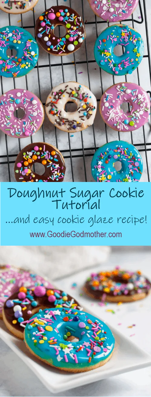 Whip up a batch of colorful iced sugar cookies in no time with this doughnut sugar cookie tutorial and easy cookie glaze recipe! It's so easy to make these colorful cookies - even if you've never decorated a sugar cookie before. * GoodieGodmother.com #cookiedecorating #cookieglaze #sugarcookies 