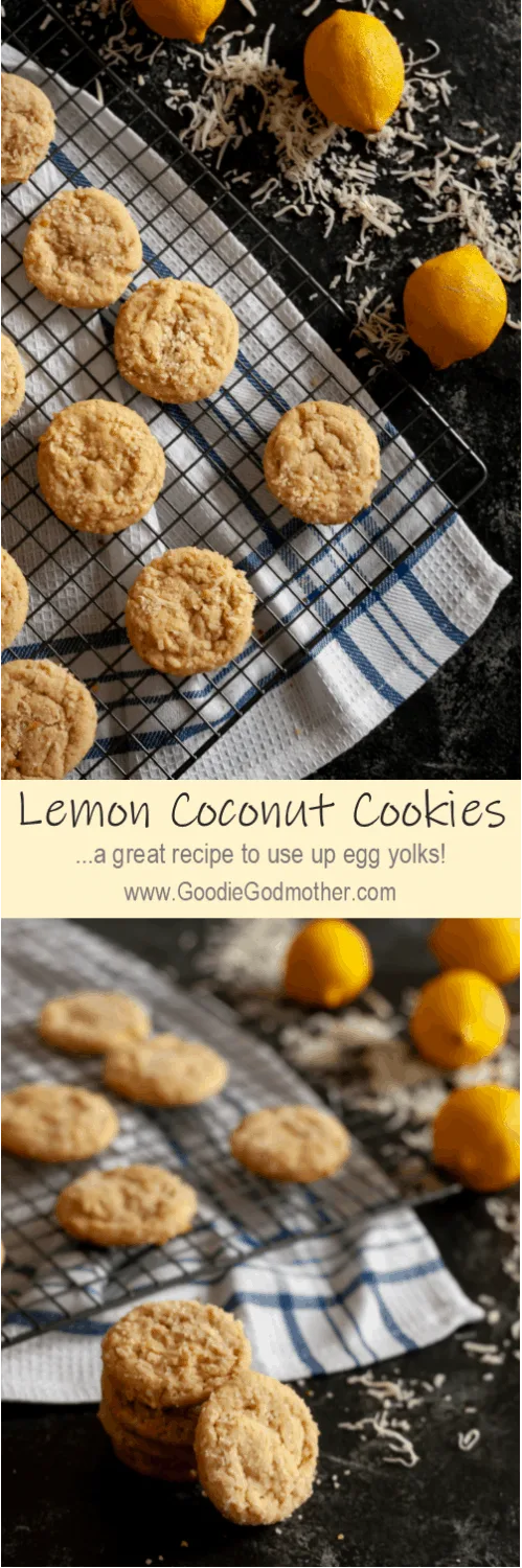 Need a recipe to use up a lot of egg yolks? These lemon coconut cookies use 6 yolks! These lightly sweetened lemon cookies are soft, rich, and a little unique with the added coconut. * Recipe on GoodieGodmother.com