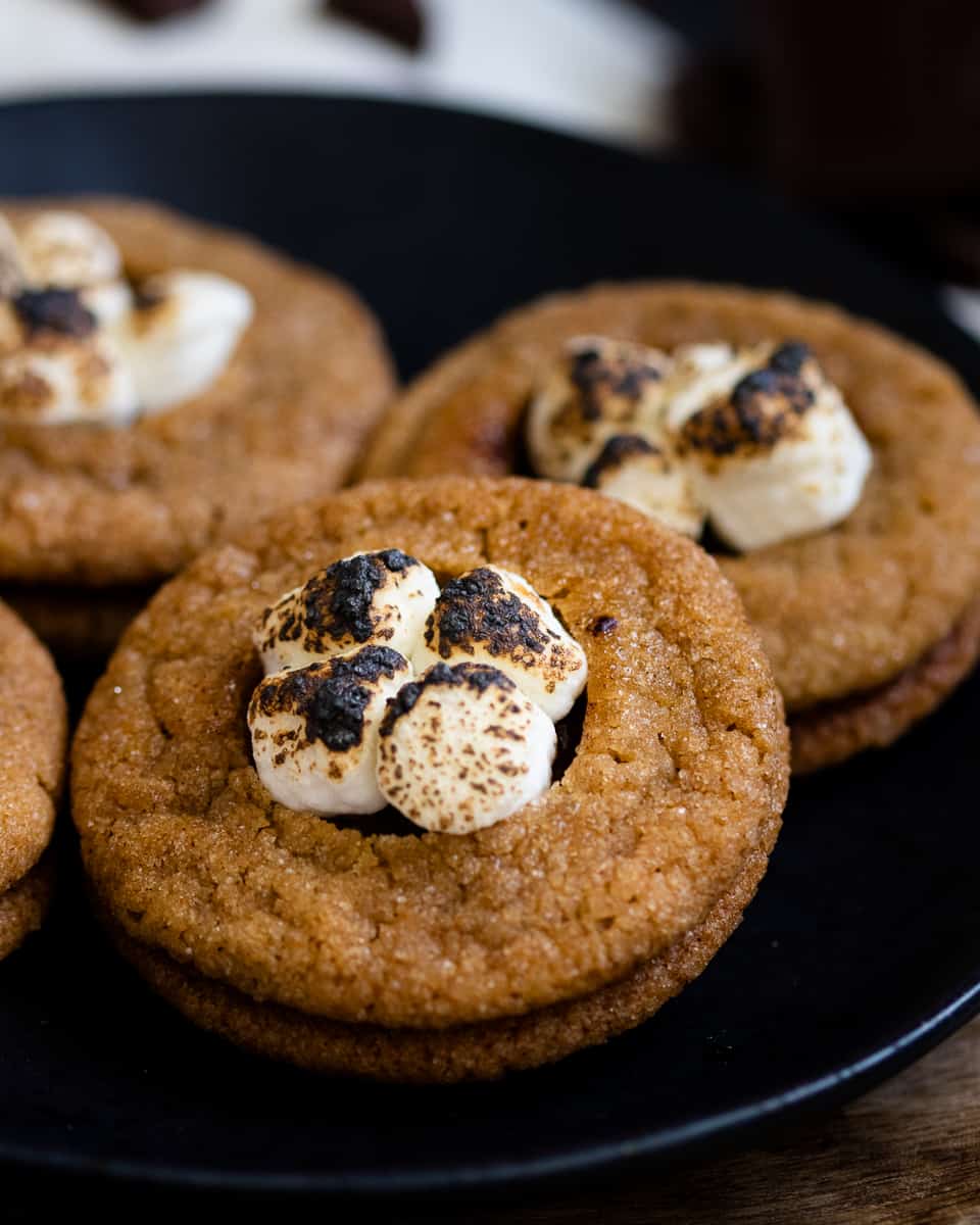These sandwich s'mores cookies are among the best cookies of all time! Soft graham inspired cookies sandwiching rich chocolate ganache and topped with real roasted marshmallows. Definitely summer's perfect cookie. * GoodieGodmother.com