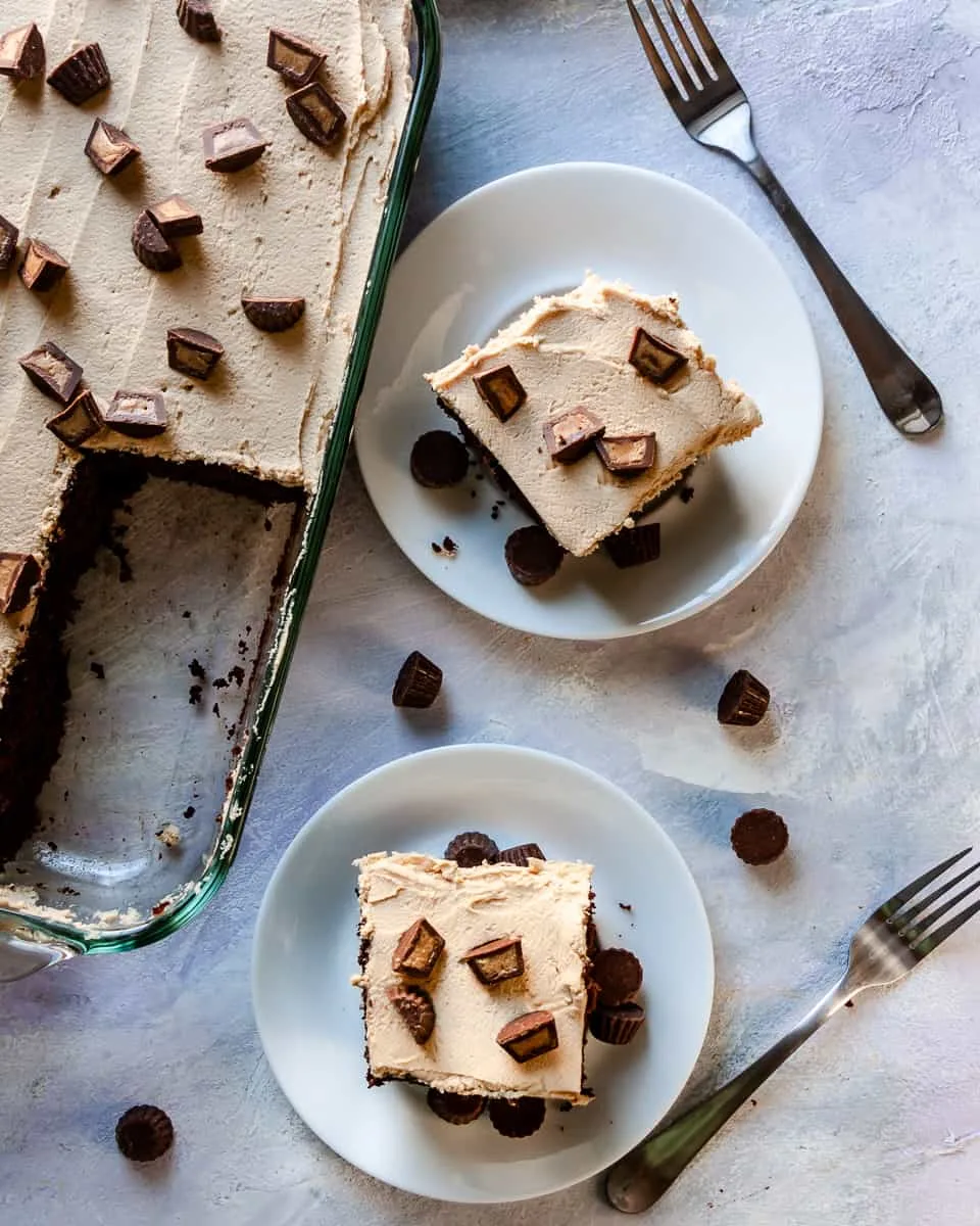 Easy and unfussy, this peanut butter chocolate sheet cake is comfort food in a casserole dish. Sheet cakes are great for a crowd, or dessert for a few days! * Recipe on GoodieGodmother.com #peanutbutter #chocolatecake #easycake #sheetcake