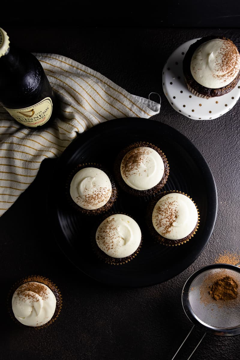 This Guinness cupcake recipe isn't your average beer cupcake! A rich chocolate batter and boozy cream cheese frosting make these beer cupcakes the first to go at a Saint Patrick's Day party! * Recipe on GoodieGodmother.com