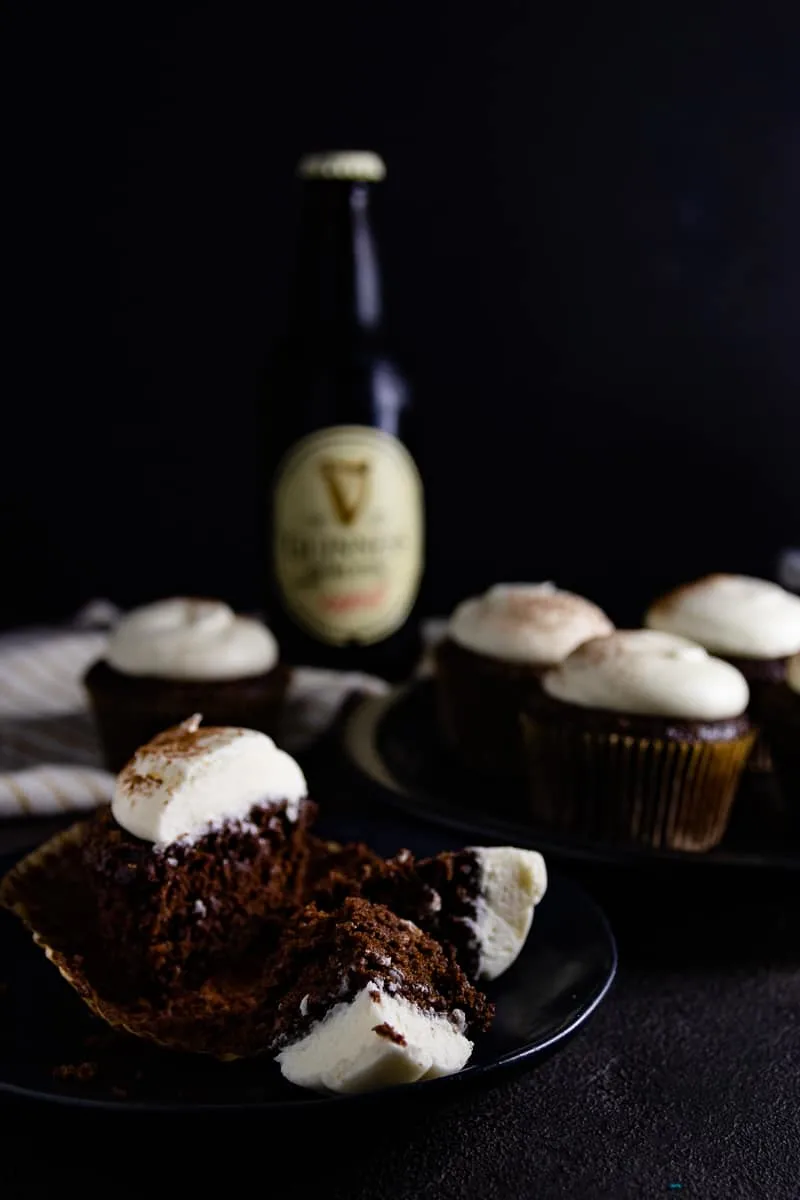 This Guinness cupcake recipe isn't your average beer cupcake! A rich chocolate batter and boozy cream cheese frosting make these beer cupcakes the first to go at a Saint Patrick's Day party! * Recipe on GoodieGodmother.com