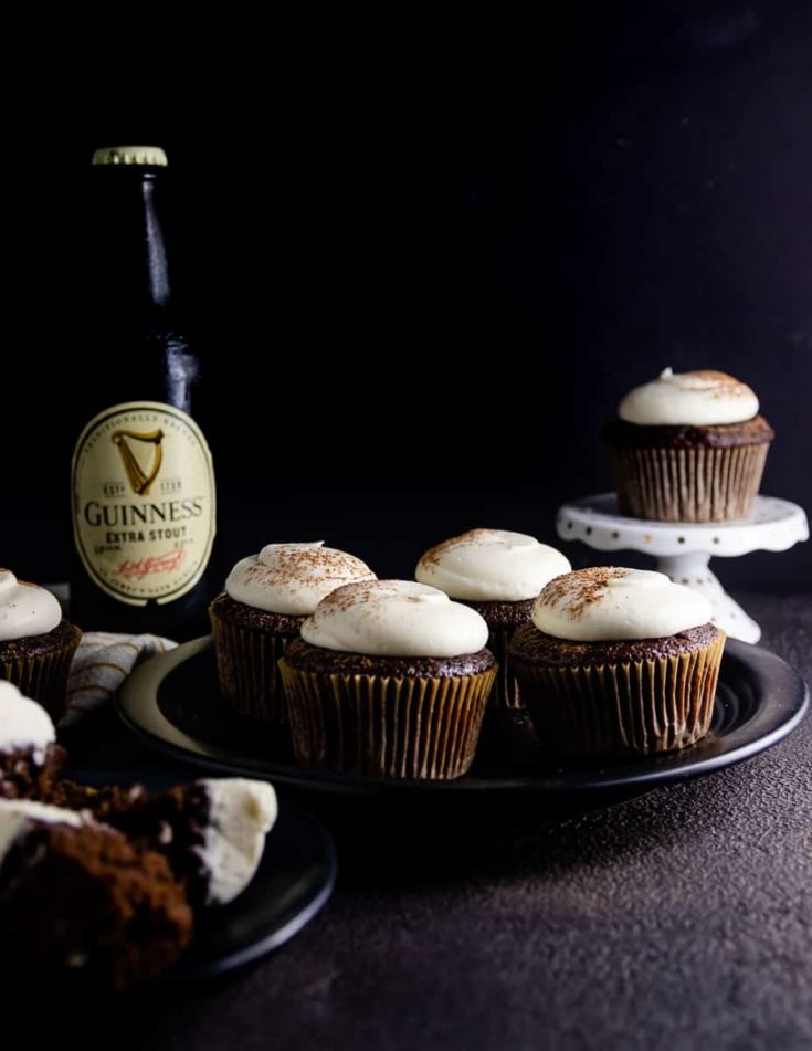 This Guinness cupcake recipe isn't your average beer cupcake! A rich chocolate batter and boozy cream cheese frosting make these beer cupcakes the first to go at a Saint Patrick's Day party! * Recipe on GoodieGodmother.com