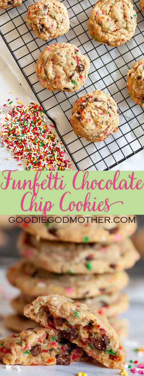 Everybody loves sprinkles! Make your next batch of cookies colorful with this funfetti chocolate chip cookies recipe! * Recipe on GoodieGodmother.com