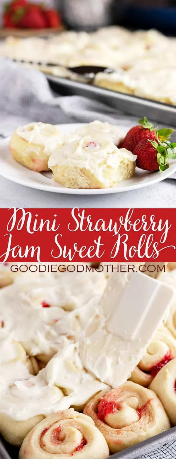 ﻿Sweet strawberry jam tucked into pillowy rolls and topped with cream cheese... in mini! You'll want to make these mini strawberry jam sweet rolls ASAP. * Recipe on GoodieGodmother.com