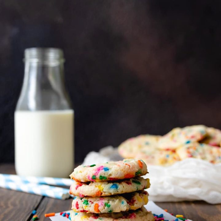 Soft and tender, these cake batter condensed milk cookies prove everything is better with sprinkles! This is a great recipe to use up leftover condensed milk. * Recipe on GoodieGodmother.com