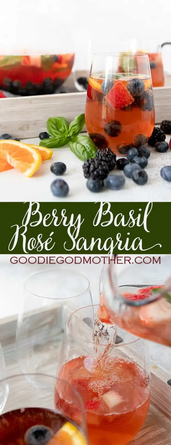 Summer's favorite wine shines with berries in this mixed berry basil rosé sangria recipe! Recipe on GoodieGodmother.com