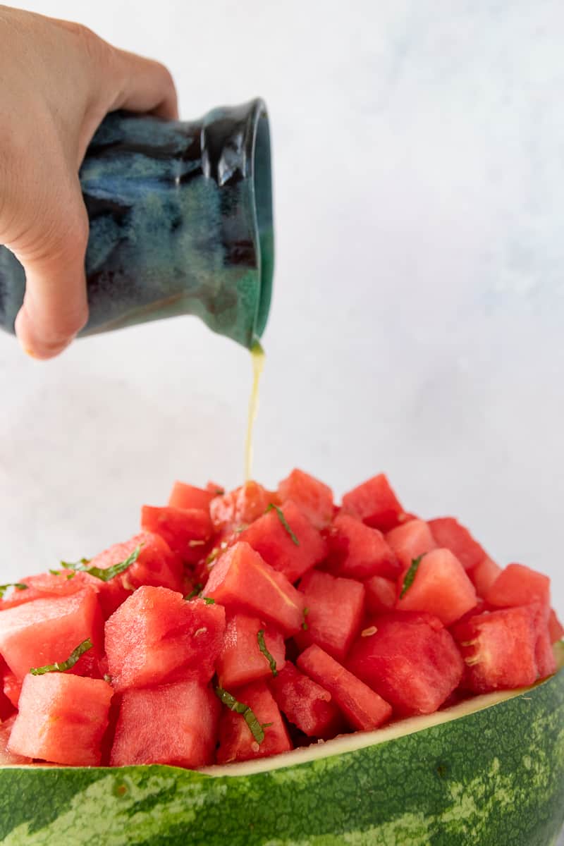 Low calorie summer dessert idea. Sweet watermelon salad with mint and lime. 