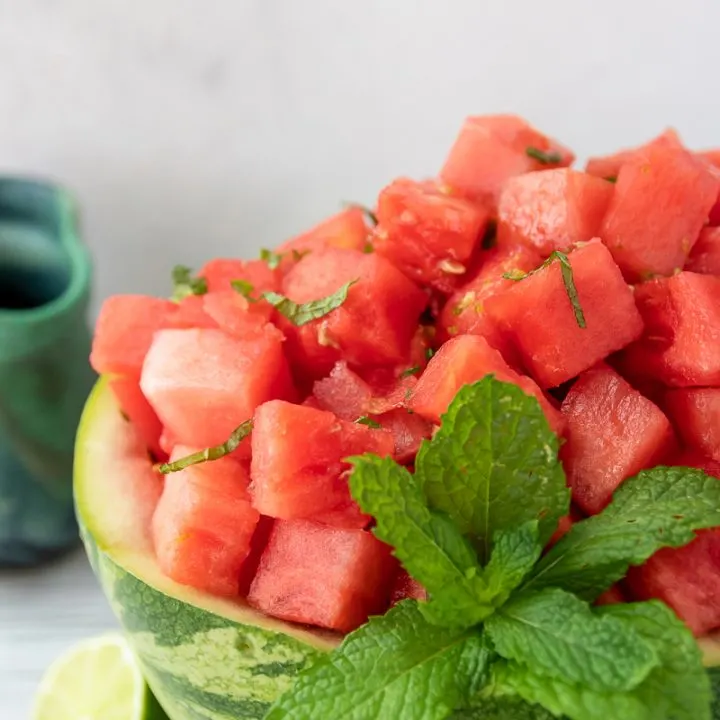 Delicious no bake and healthy watermelon salad recipe for a lower calorie bbq side or dessert.