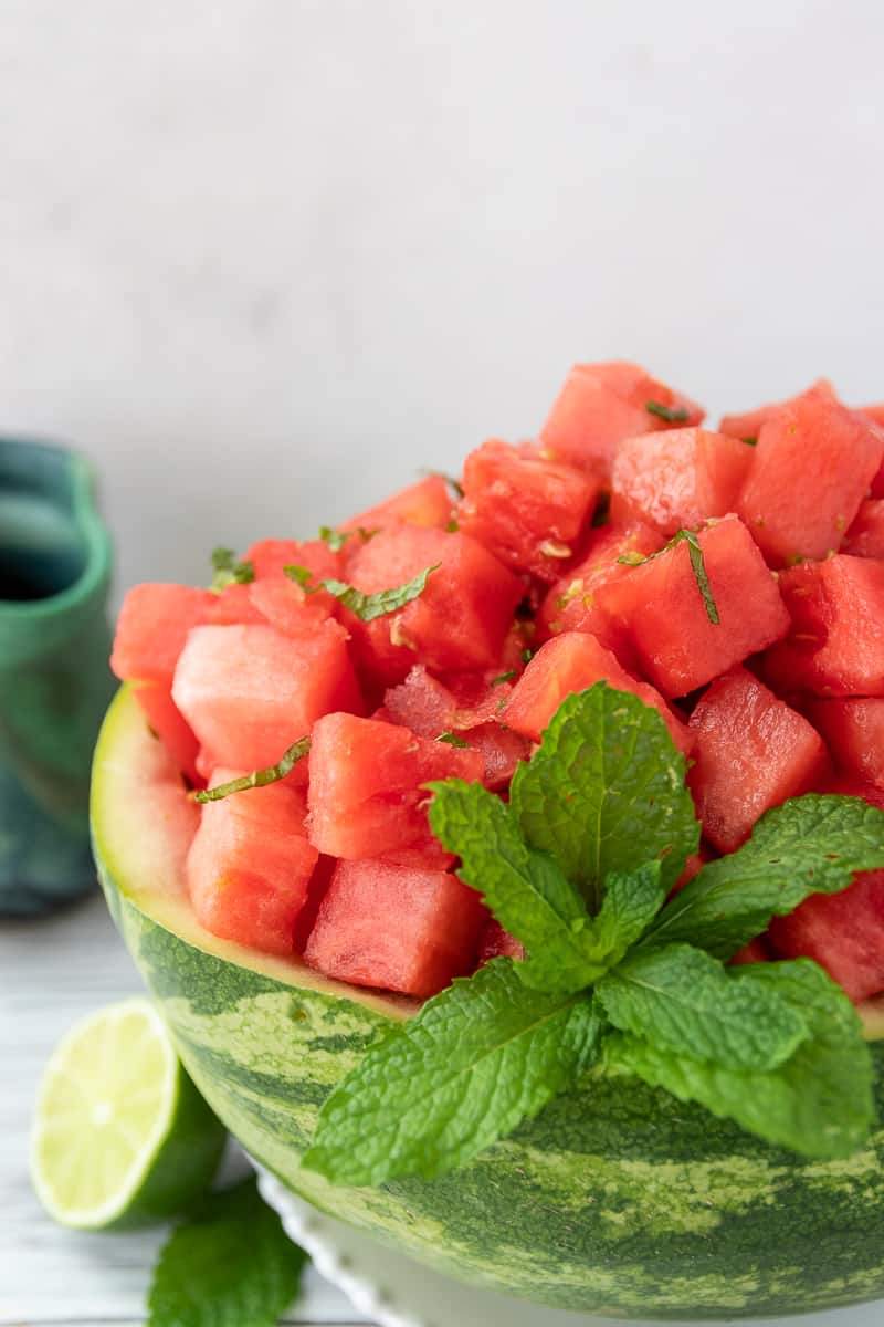 Delicious no bake and healthy watermelon salad recipe for a lower calorie bbq side or dessert. 