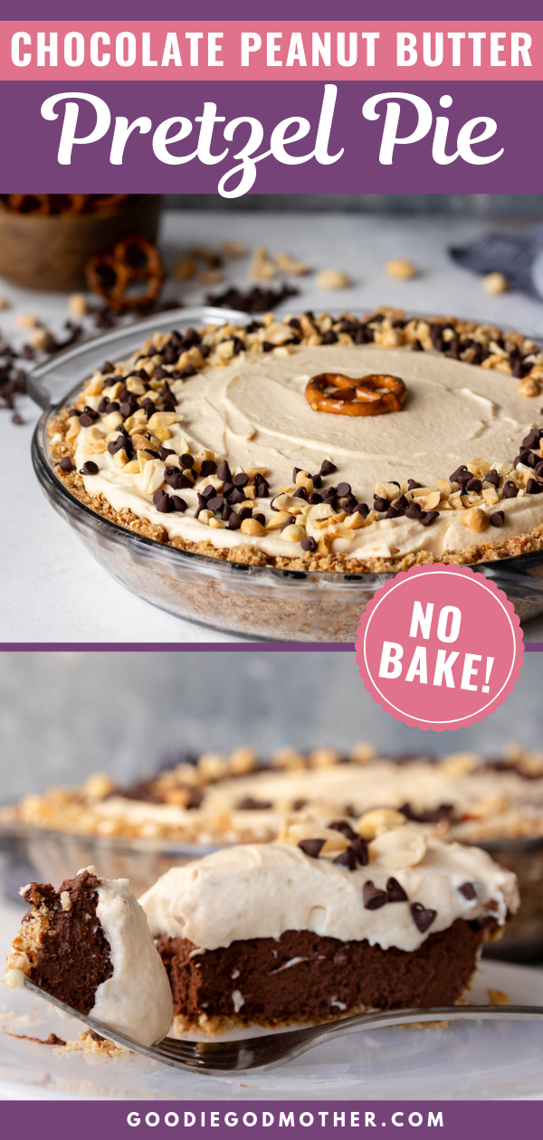 Salty and sweet, this light no bake chocolate peanut butter pretzel pie makes a great special dessert on a hot day! #dessertideas #nobake #peanutbutter #chocolate #easypies #easyrecipe #foodideas