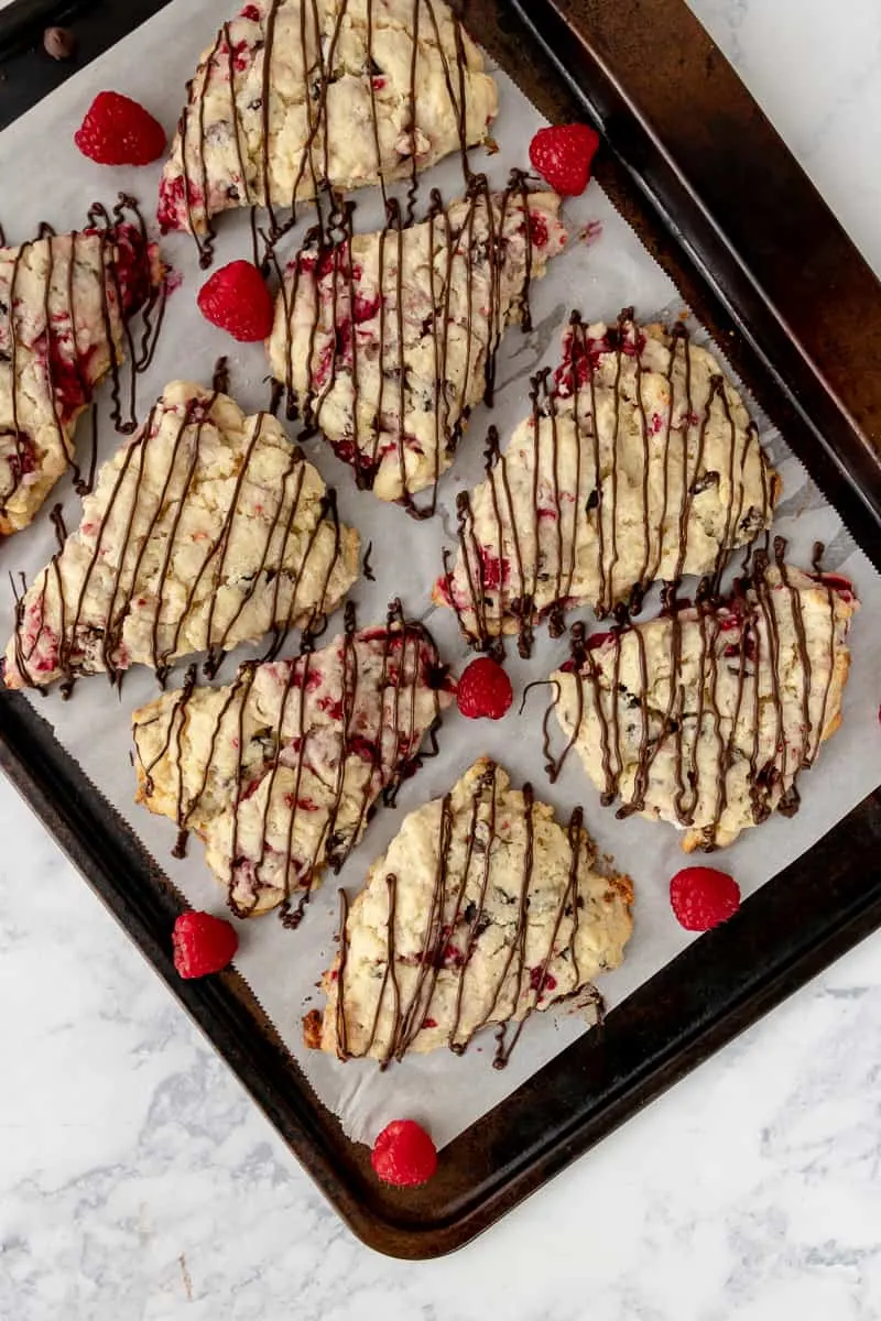 chocolate drizzle on chocolate chip scones