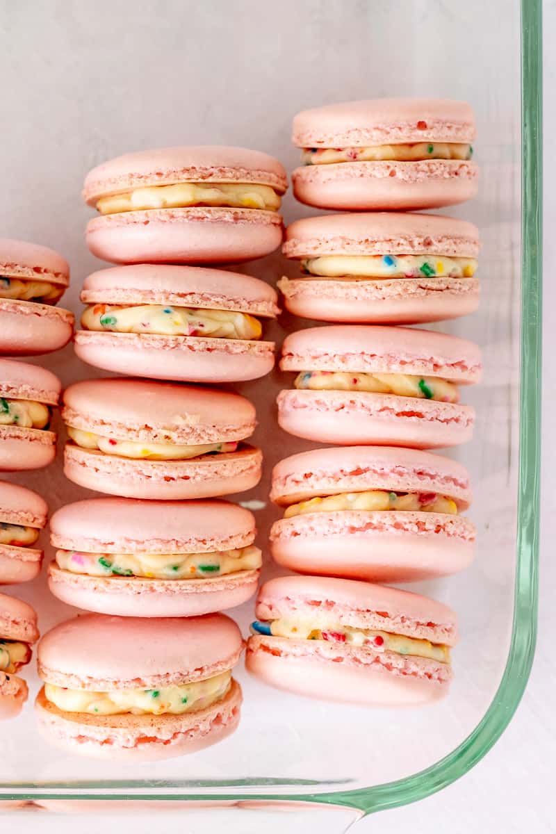 macarons arranged in dish for packaging