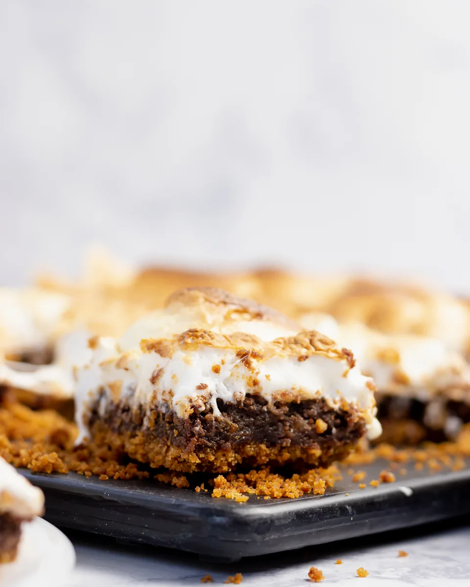 close up shot of s'mores brownies to highlight layers