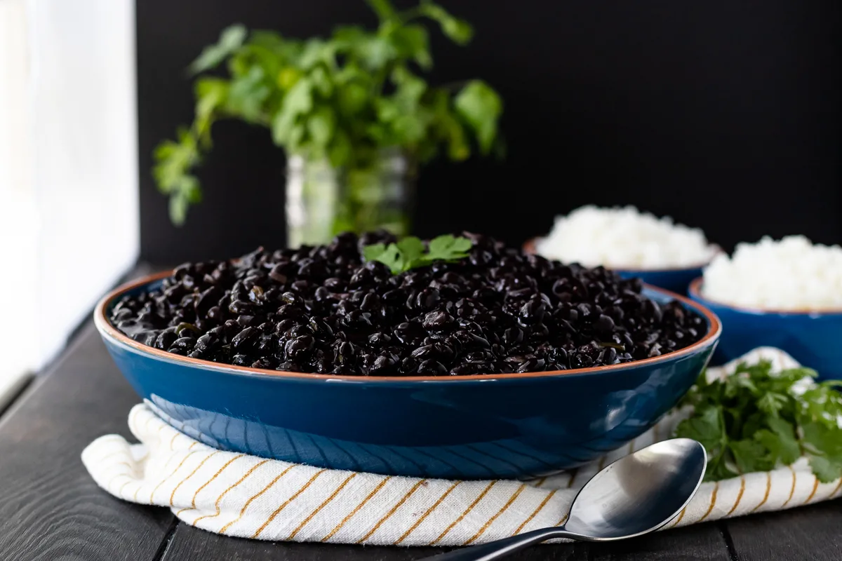 landscape picture of black beans in a bowl with spoon in the foreground