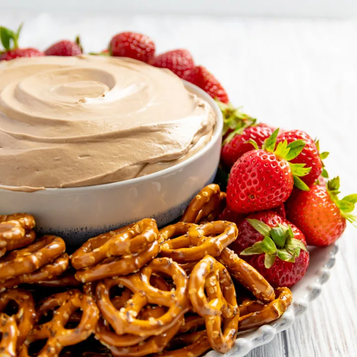 close up picture of Nutella fruit dip in a bowl with pretzels and strawberries