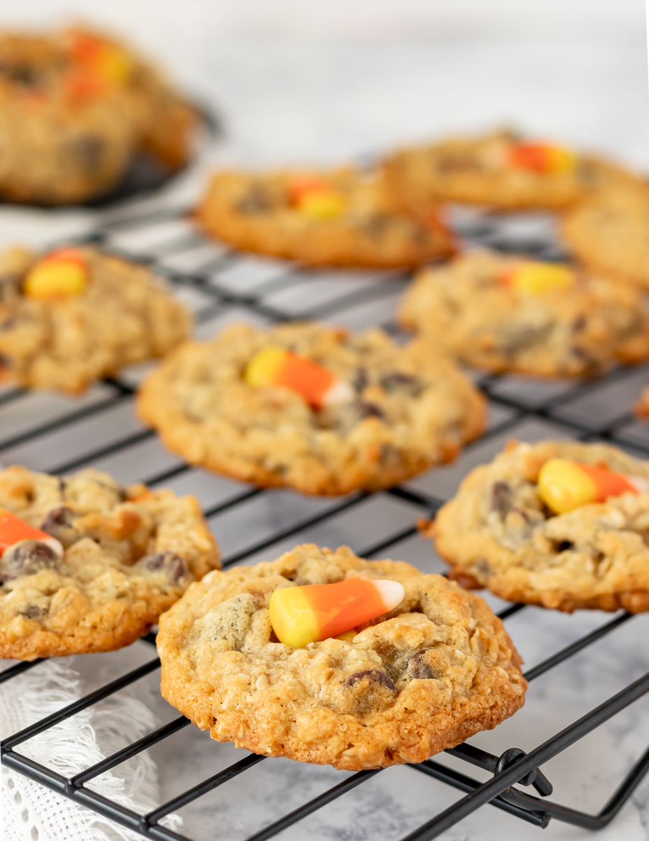 candy corn chocolate chip cookies on a cooling rack