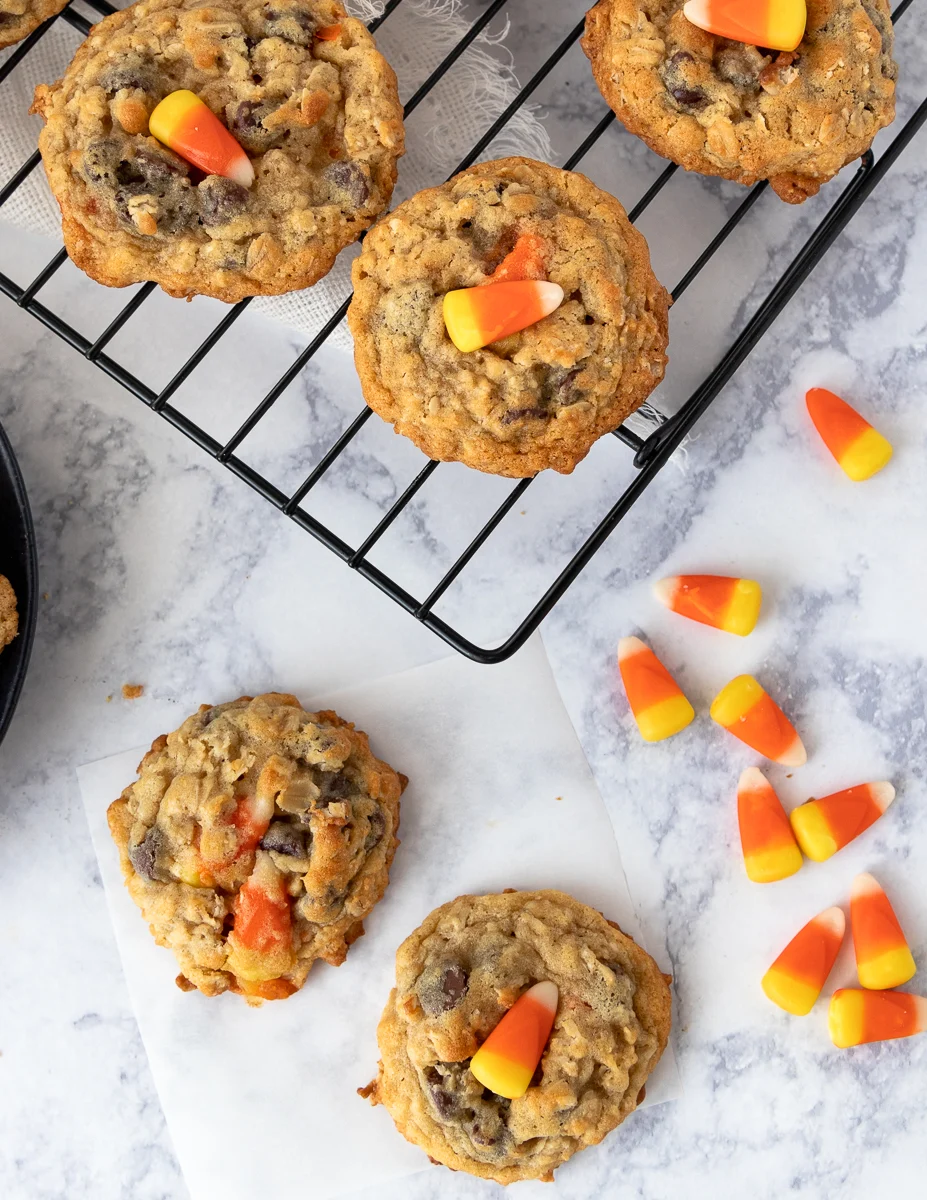 candy corn cookie with a candy corn on top and without to show difference