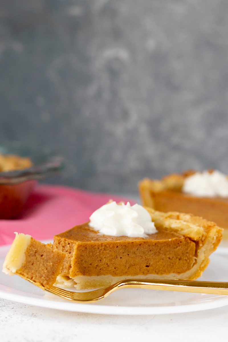 homemade sweet potato pie on a white plate with a mottled grey background