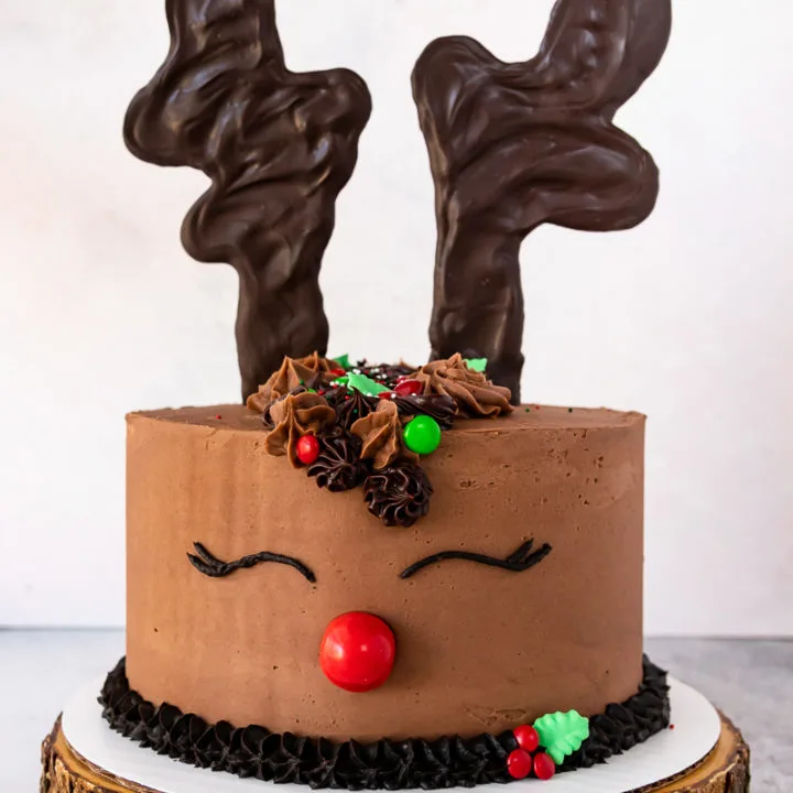 front view of the reindeer cake on a wooden cake board with a white background