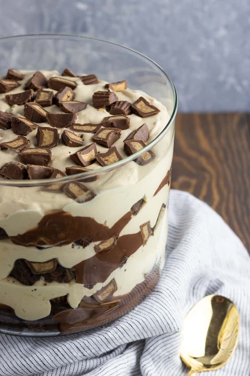 Top angled picture of the peanut butter brownie trifle