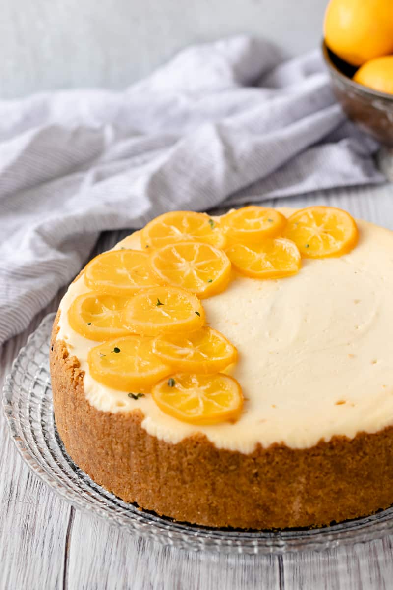 close up of candied meyer lemon slices on the meyer lemon cheesecake