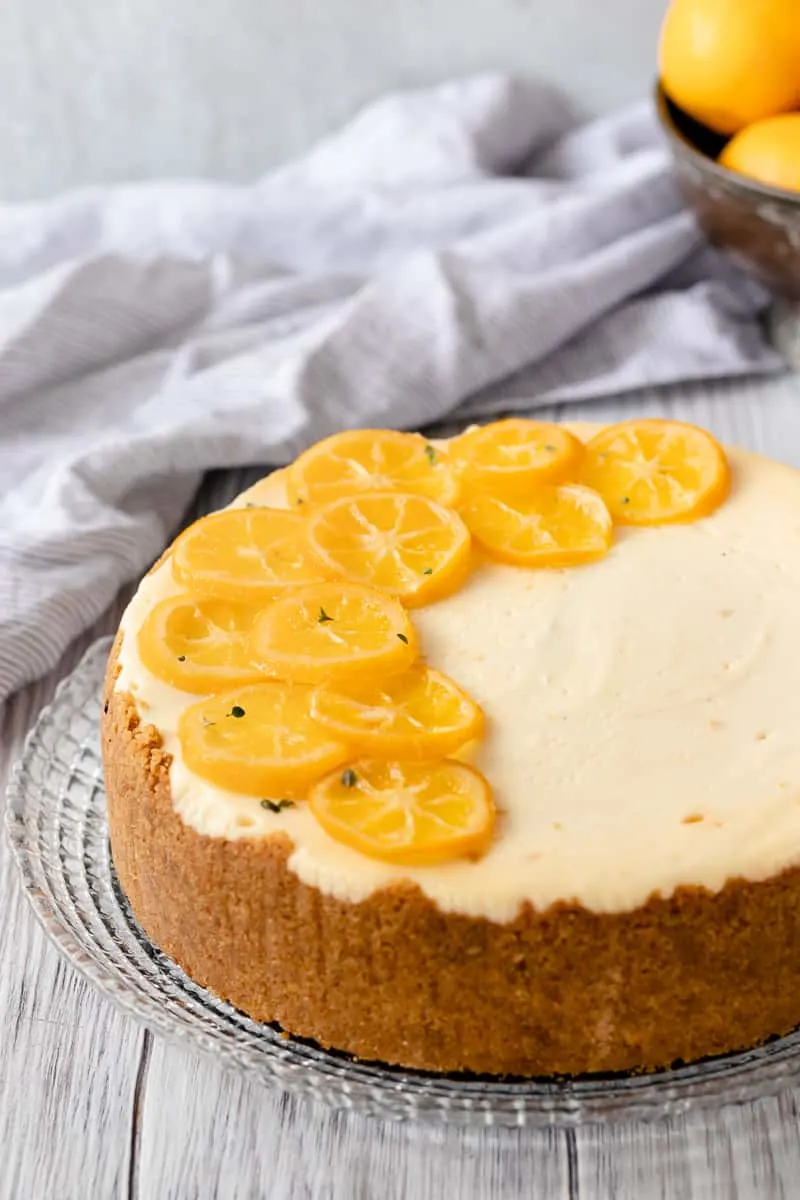 close up of candied meyer lemon slices on the meyer lemon cheesecake