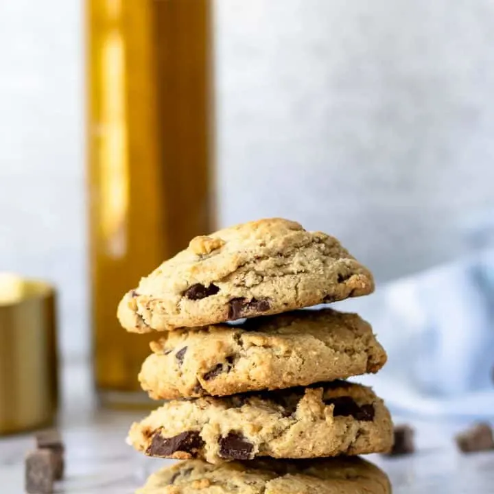 stacked olive oil chocolate chunk cookies