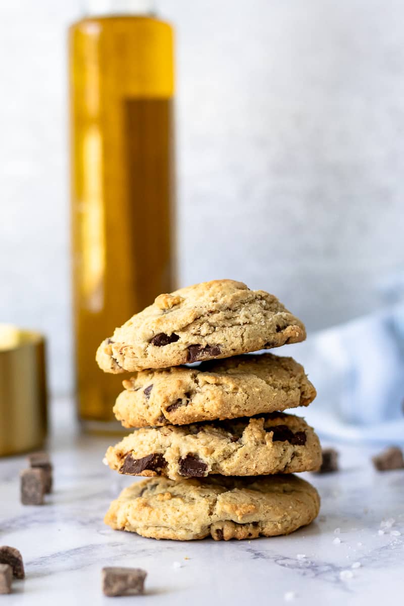 stacked olive oil chocolate chunk cookies