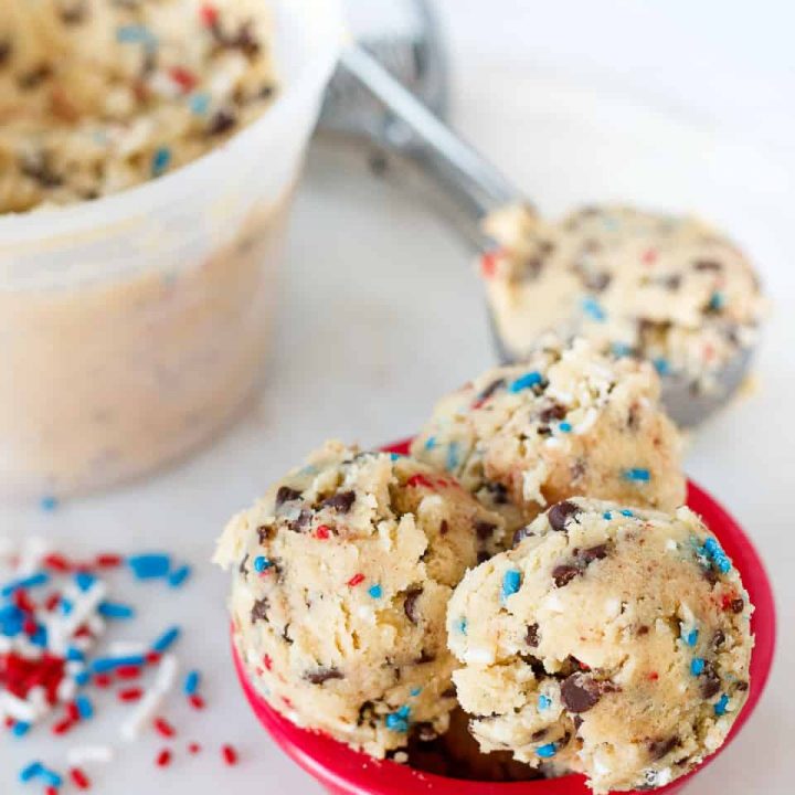 patriotic edible cookie dough mini scoops in a small red bowl
