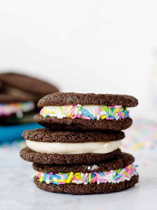 stacked root beer cookie ice cream sandwiches with and without sprinkles