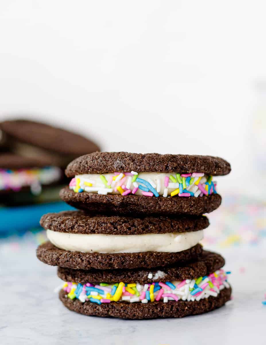 stacked root beer cookie ice cream sandwiches with and without sprinkles