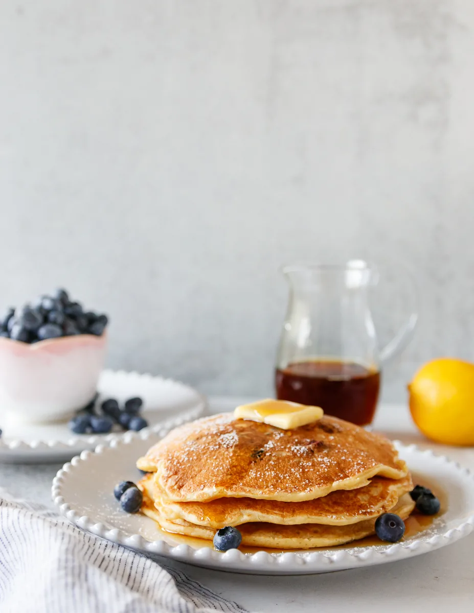 plated lemon blueberry pancakes