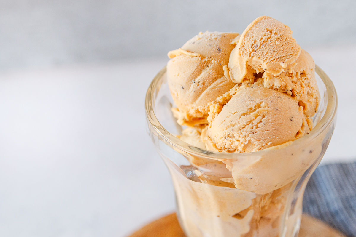 closeup of the pumpkin chai ice cream to show how creamy it is