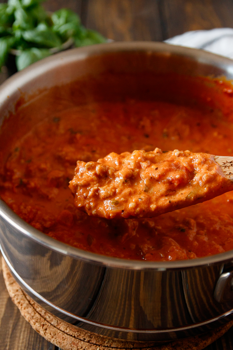 close up of the shortcut sausage pasta sauce in the pot