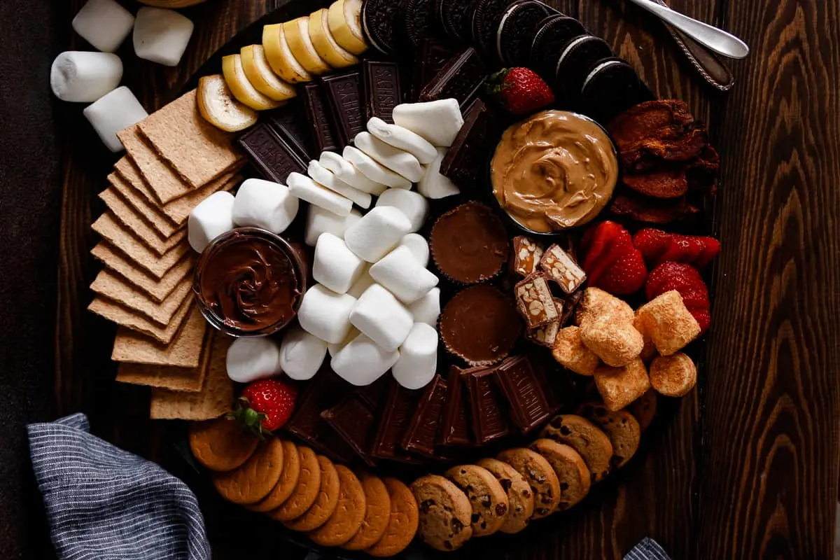 top view of the s'mores board showing all the different optional ingredients