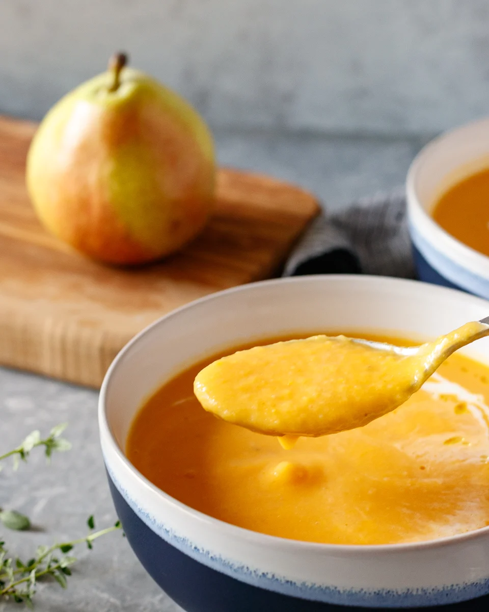 sweet potato pear soup on a spoon to show texture