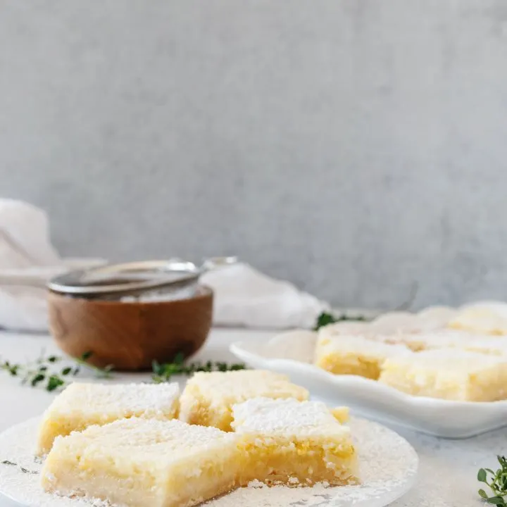 creamy lime bars on a plate with a small strainer of powdered sugar in the background, lemon thyme garnish