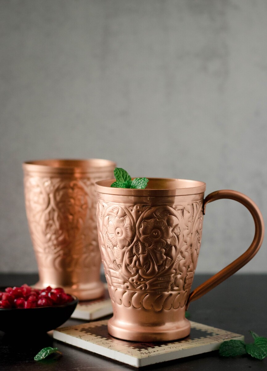 showing the detail of the copper mugs