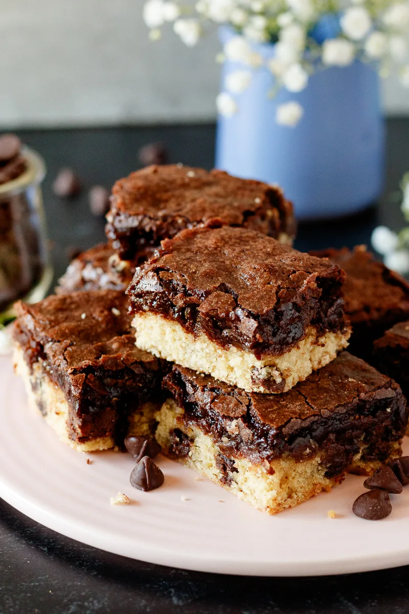 close up of the cookie bars to show the shiny texture on top of the brownies