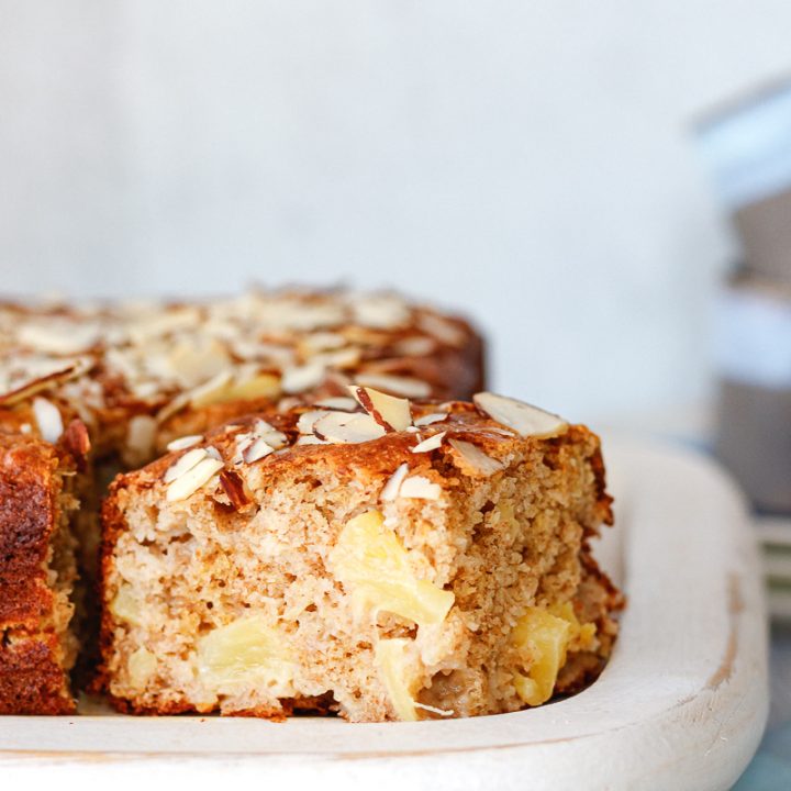close up of a slice of pineapple coffee cake