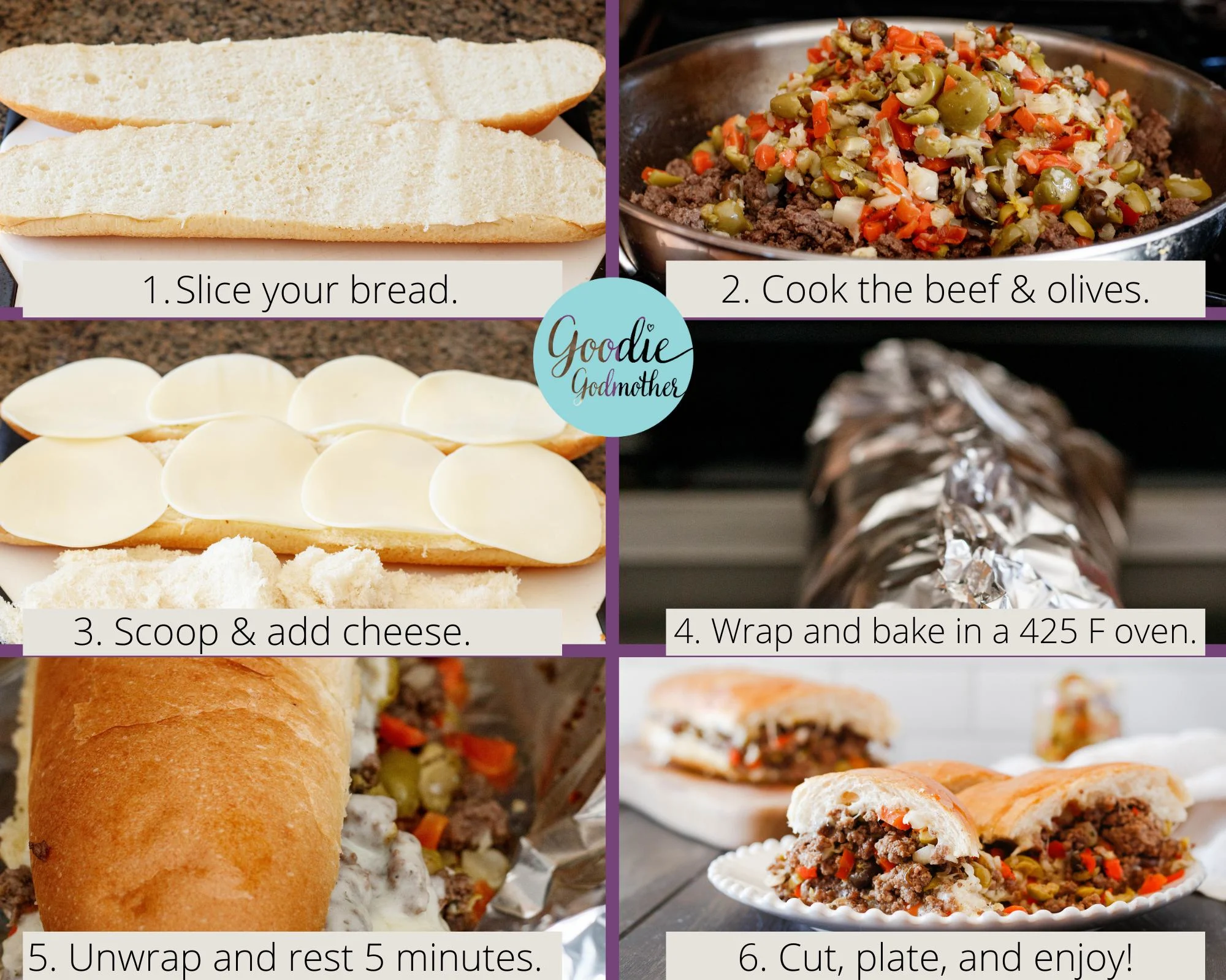 ground beef po' boy (aka the godfather sandwich) assembly infographic. Shows the 6 basic steps to building this delicious hot sub. 1. Slice the bread. 2. Cook your filling. 3. Scoop the loaf and add your cheese. 4. Wrap the filled sandwich in foil. 5. Bake until the cheese has melted. 6. Slice and enjoy!